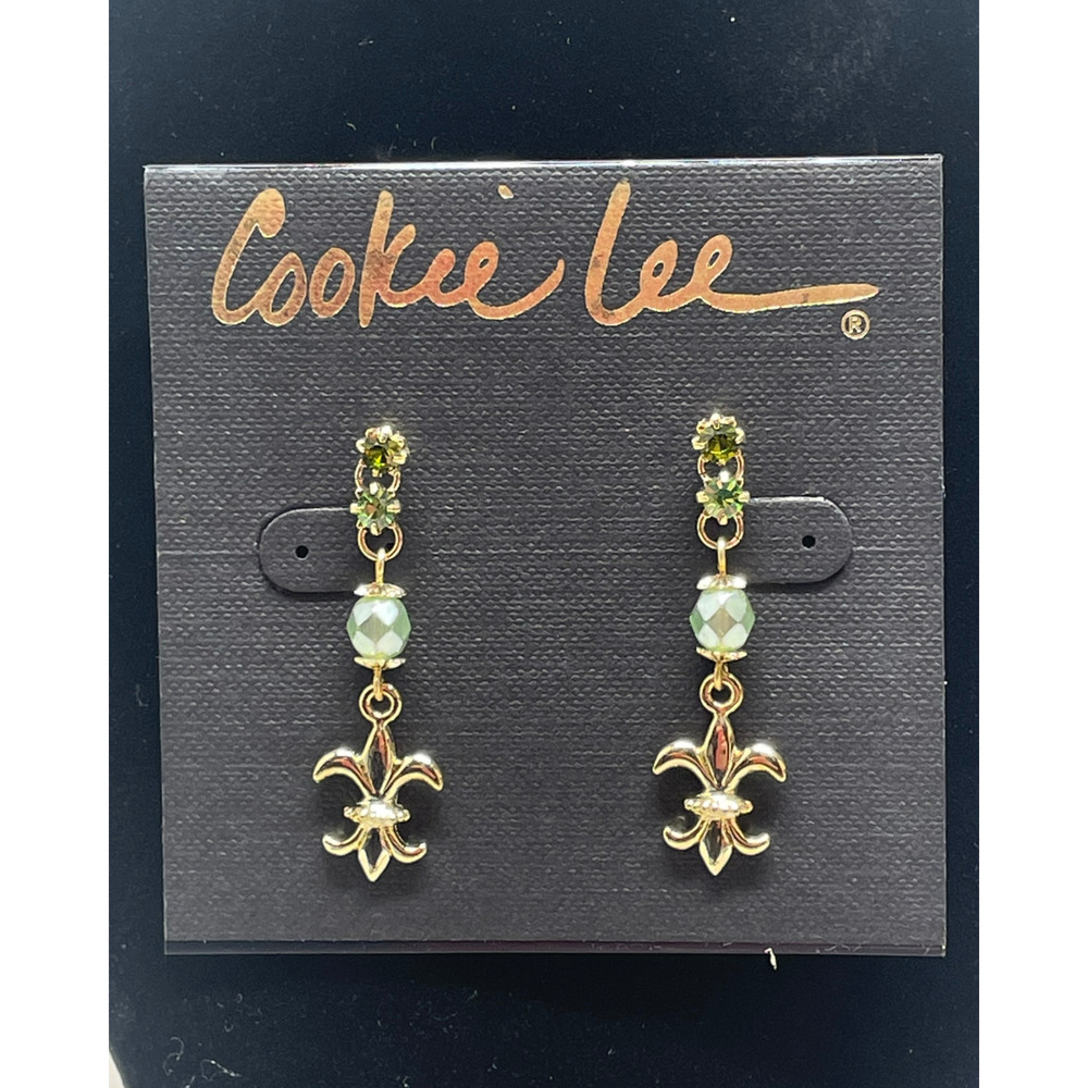 Cookie Lee Dangle Earrings Green Bead & Gold Fleur-de-Lis 1.5"L NOLA Mardi Gras